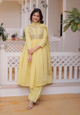Yellow Embroidered Chanderi Anarkali Set