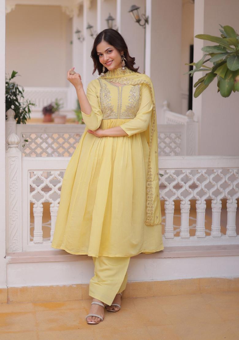 Yellow Embroidered Chanderi Anarkali Set - Indya