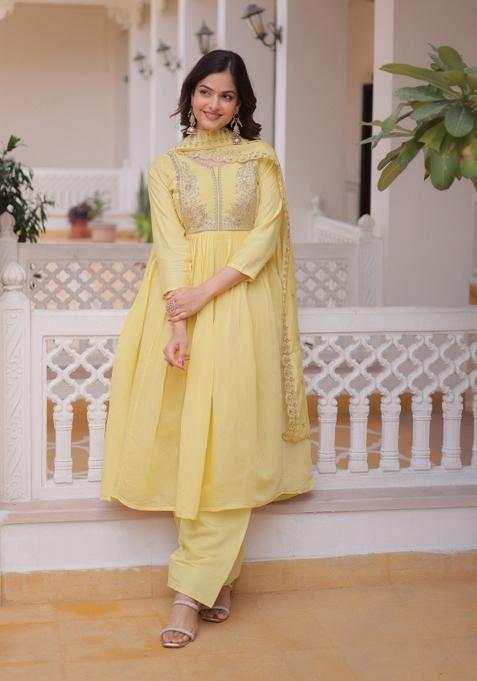 Yellow Embroidered Chanderi Anarkali Set