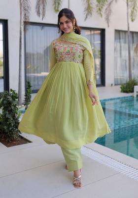 Pista Embroidered Chanderi Anarkali Set