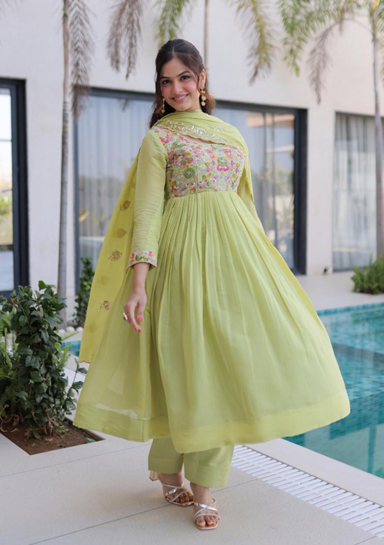 Pista Embroidered Chanderi Anarkali Set - Indya