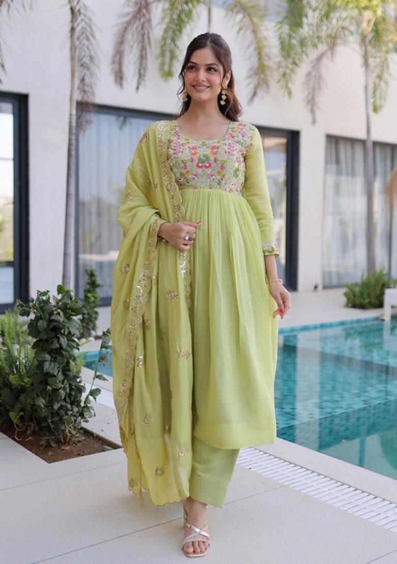 Pista Embroidered Chanderi Anarkali Set - Indya