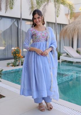 Sky Blue Embroidered Chanderi Anarkali Set