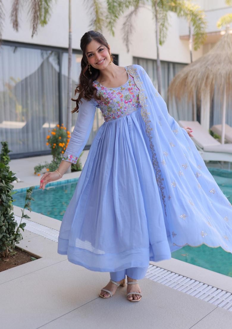 Sky Blue Embroidered Chanderi Anarkali Set - Indya