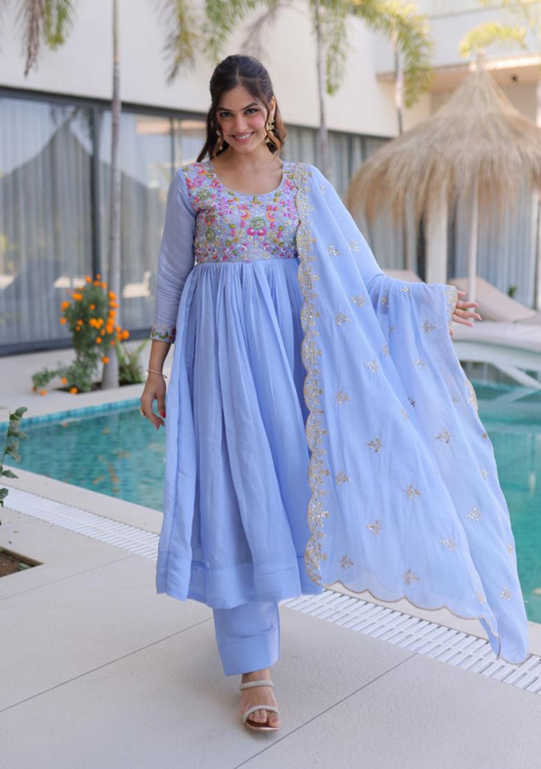 Sky Blue Embroidered Chanderi Anarkali Set - Indya