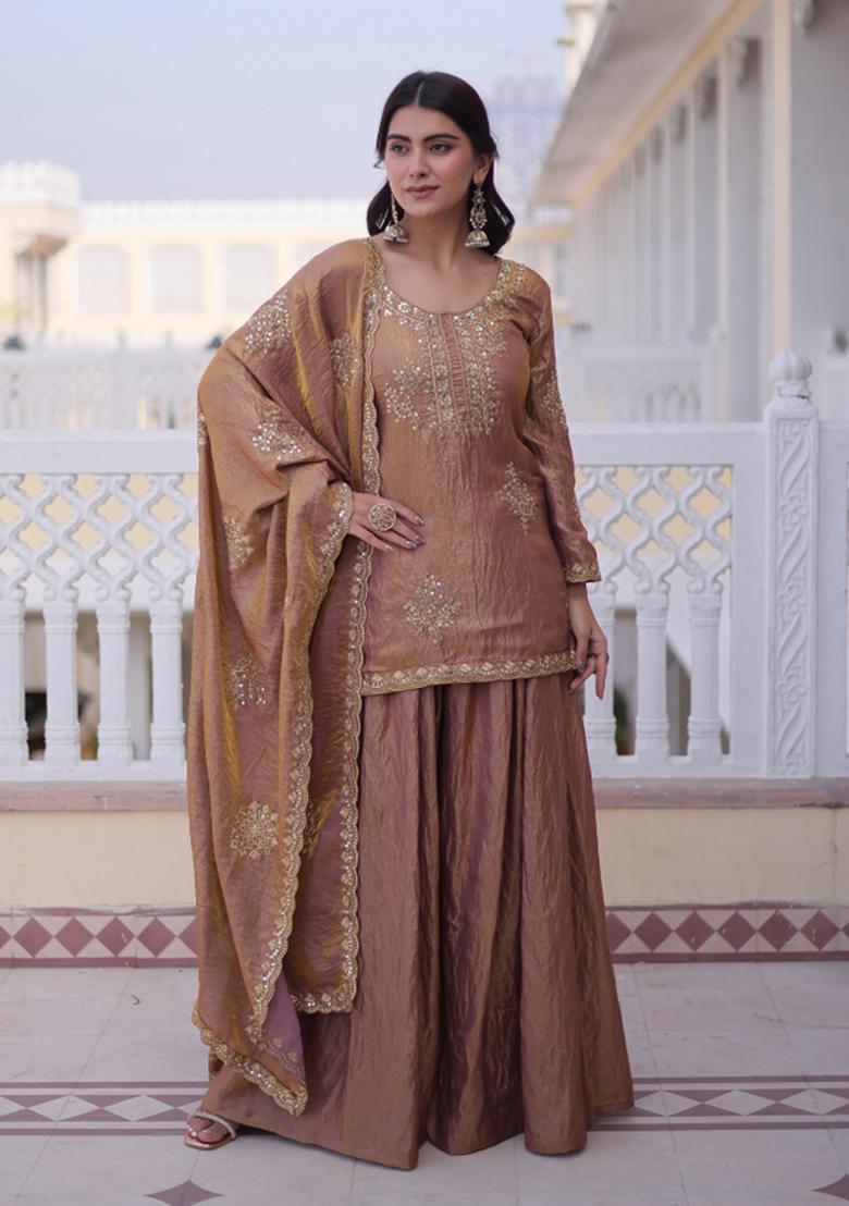 Golden Embroidered Fendi Anarkali Set - Indya