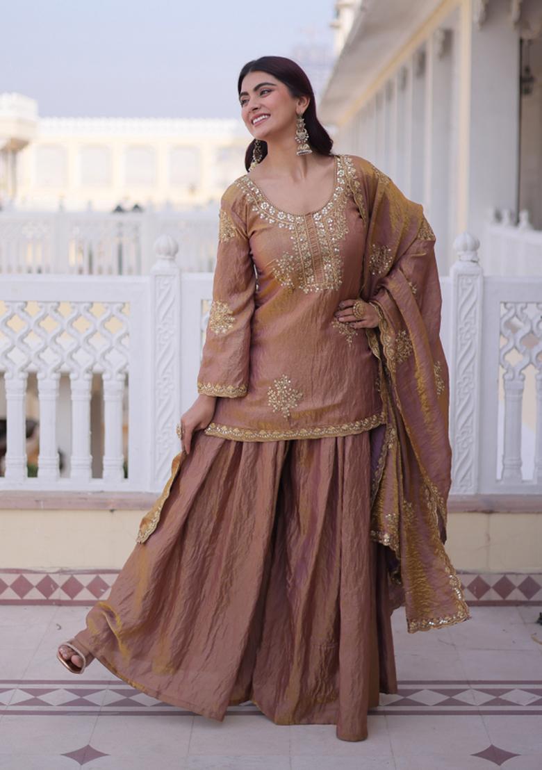 Golden Embroidered Fendi Anarkali Set - Indya