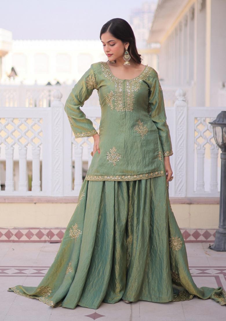 Golden Embroidered Fendi Anarkali Set - Indya