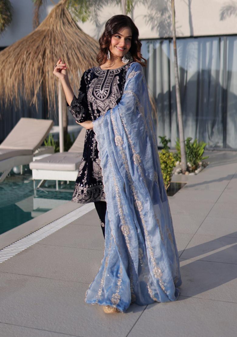 Black Embroidered Velvet Anarkali Set - Indya