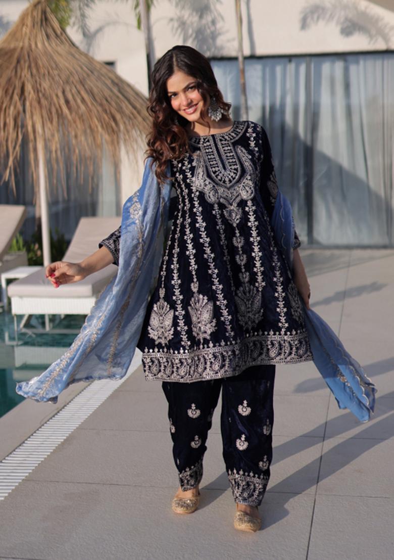Black Embroidered Velvet Anarkali Set - Indya