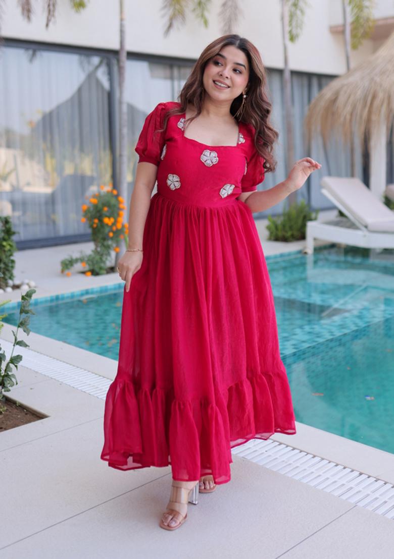Pink Embroidered Silk Blend Anarkali - Indya