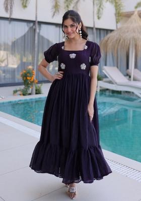 Wine Embroidered Silk Blend Anarkali