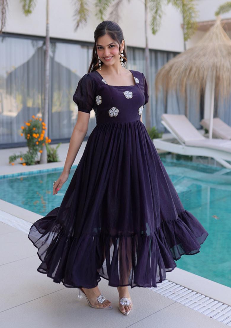 Wine Embroidered Silk Blend Anarkali - Indya