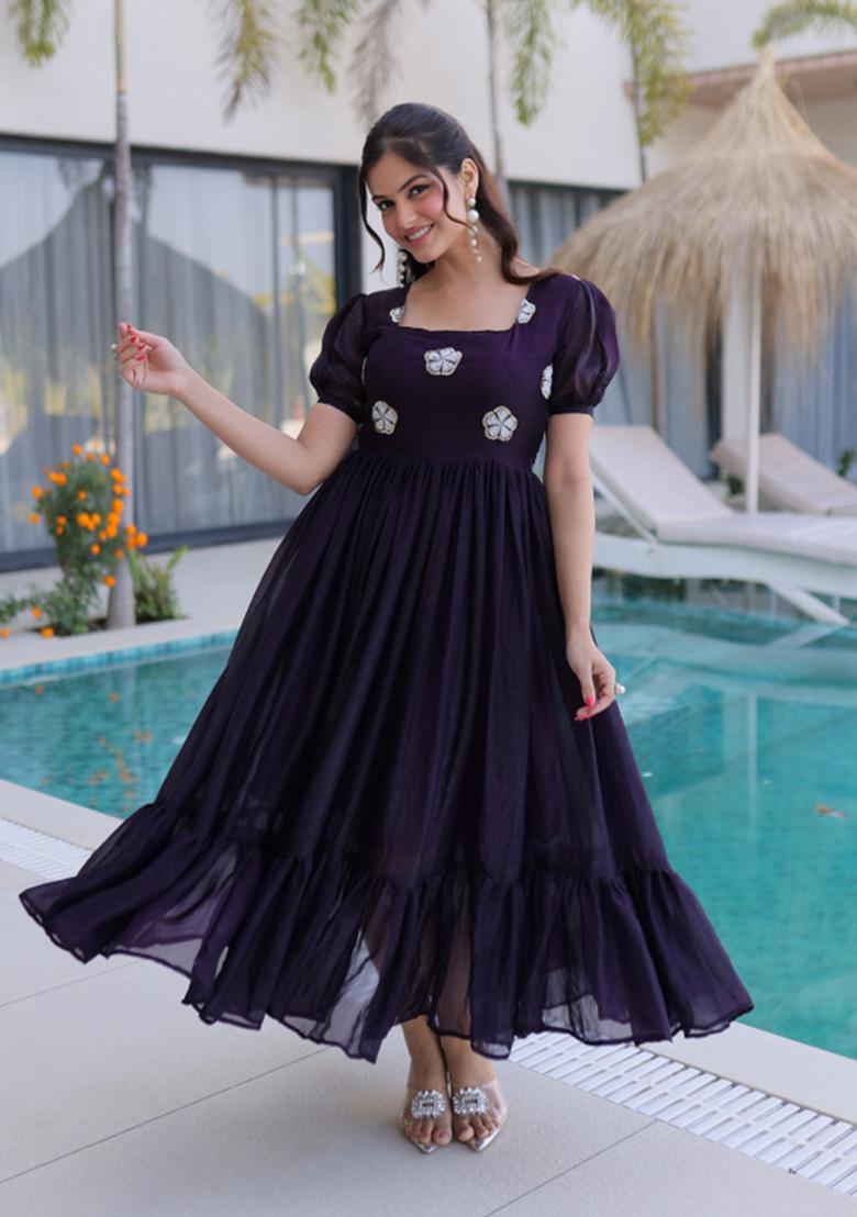 Wine Embroidered Silk Blend Anarkali - Indya