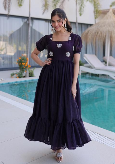 Wine Embroidered Silk Blend Anarkali