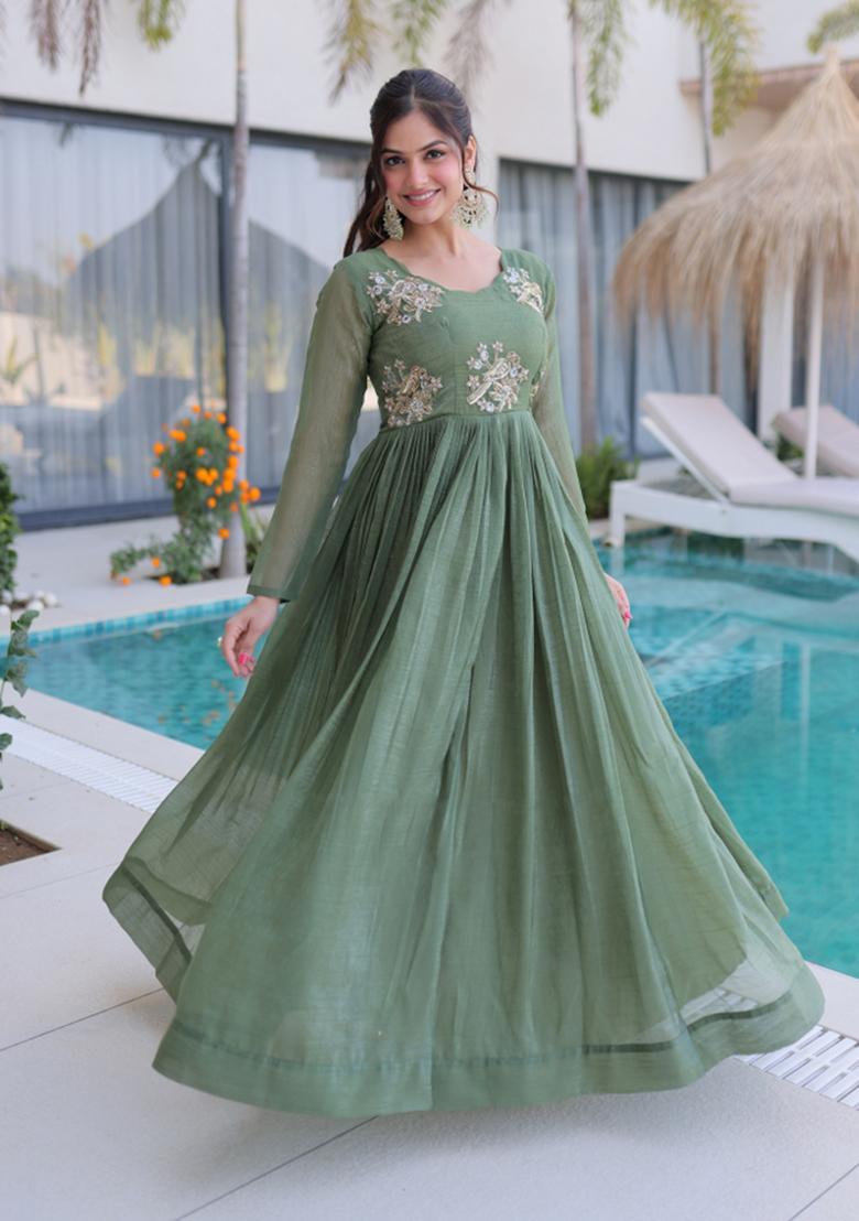 Green Embroidered Crunchy Anarkali - Indya