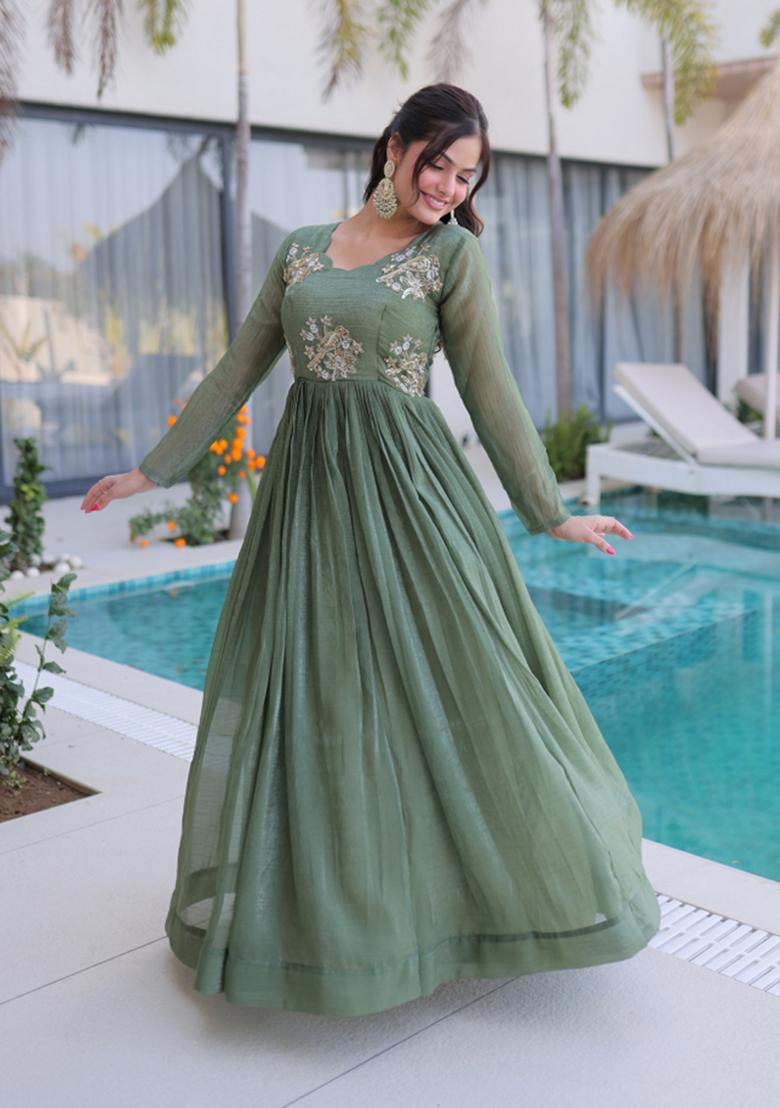Green Embroidered Crunchy Anarkali - Indya