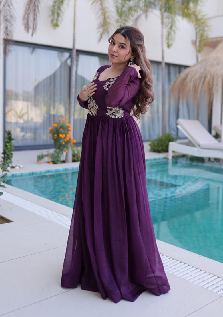 Wine Embroidered Crunchy Anarkali - Indya