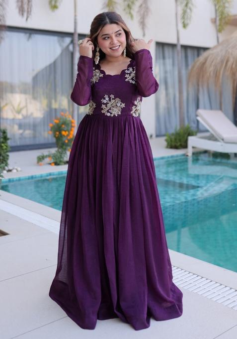 Wine Embroidered Crunchy Anarkali