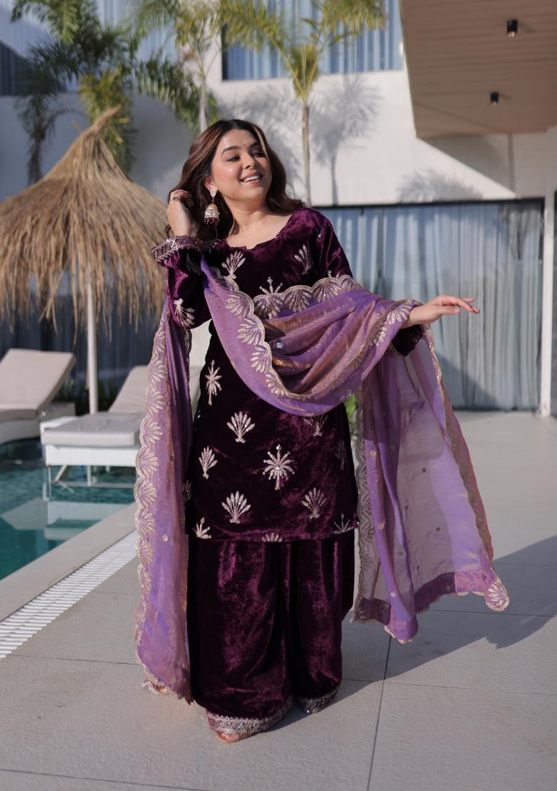 Purple Embroidered Velvet Anarkali Set - Indya