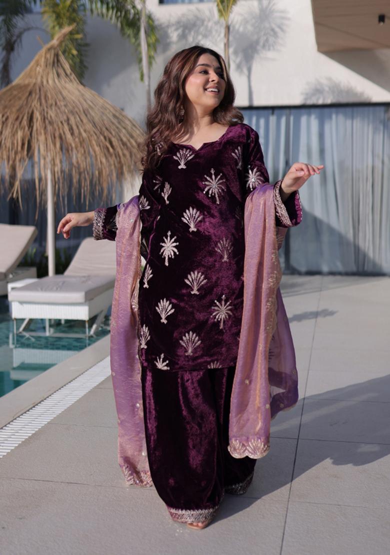 Purple Embroidered Velvet Anarkali Set - Indya