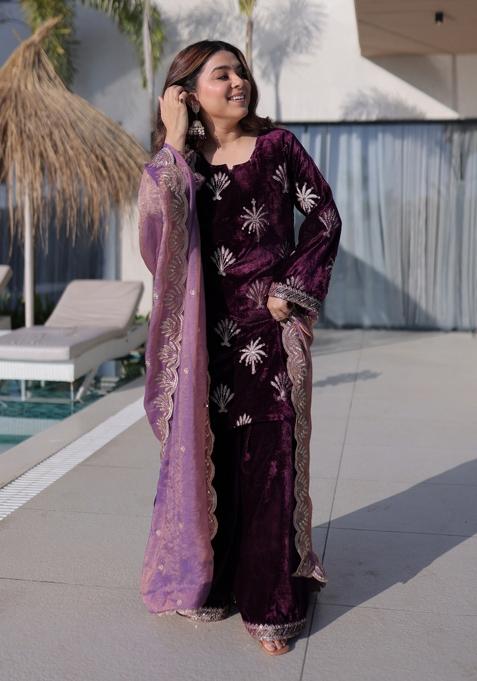 Purple Embroidered Velvet Anarkali Set