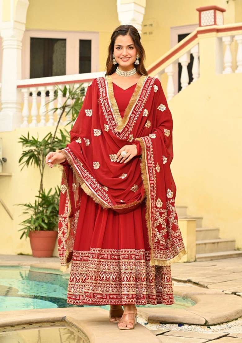 Maroon Embroidered Faux Blooming Anarkali Set - Indya
