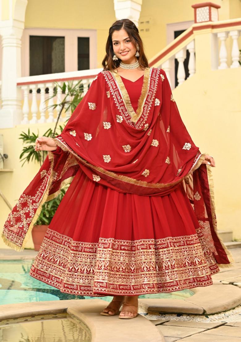 Maroon Embroidered Faux Blooming Anarkali Set - Indya