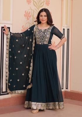 Rama Embroidered Faux Blooming Anarkali Set