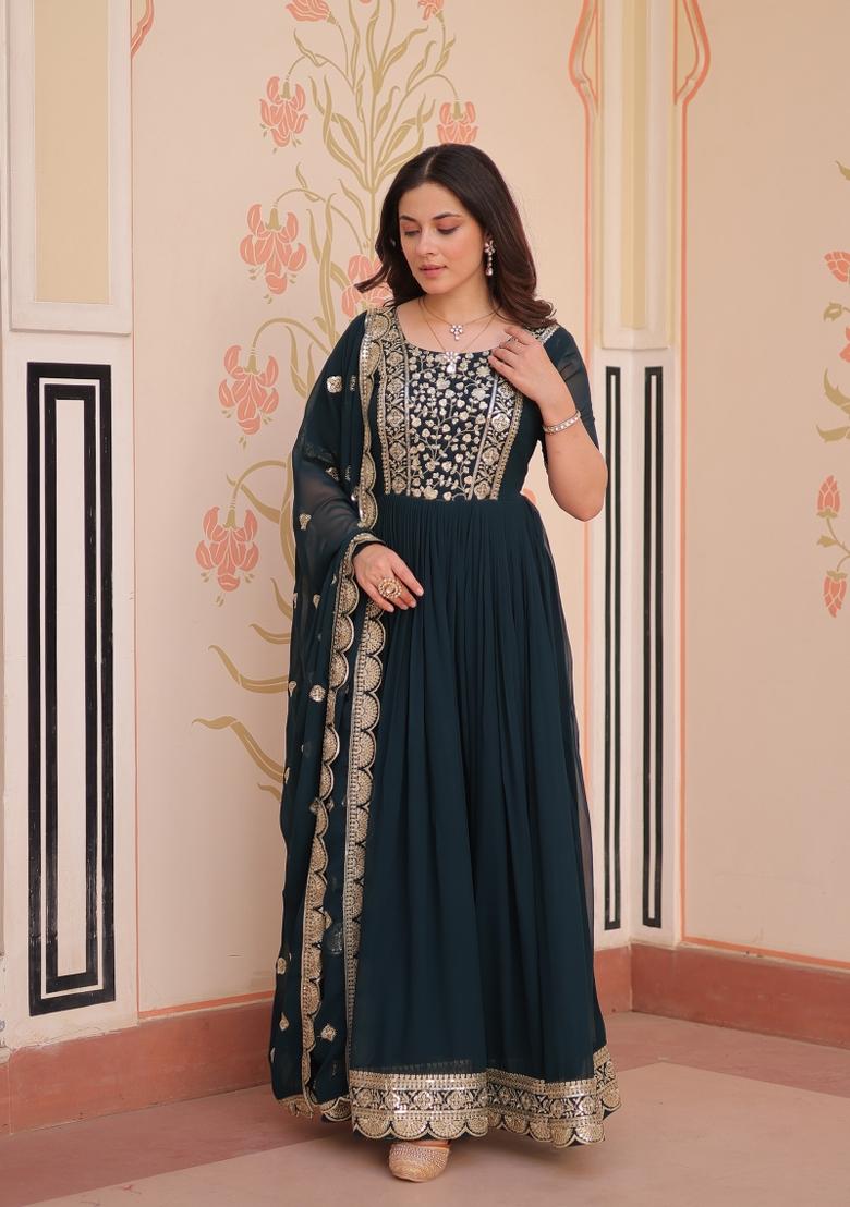 Rama Embroidered Faux Blooming Anarkali Set - Indya