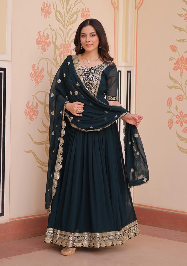 Rama Embroidered Faux Blooming Anarkali Set - Indya