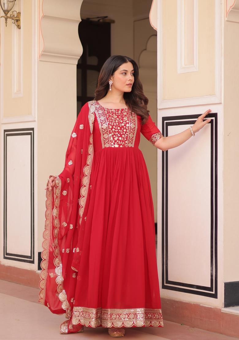 Red Embroidered Faux Blooming Anarkali Set - Indya