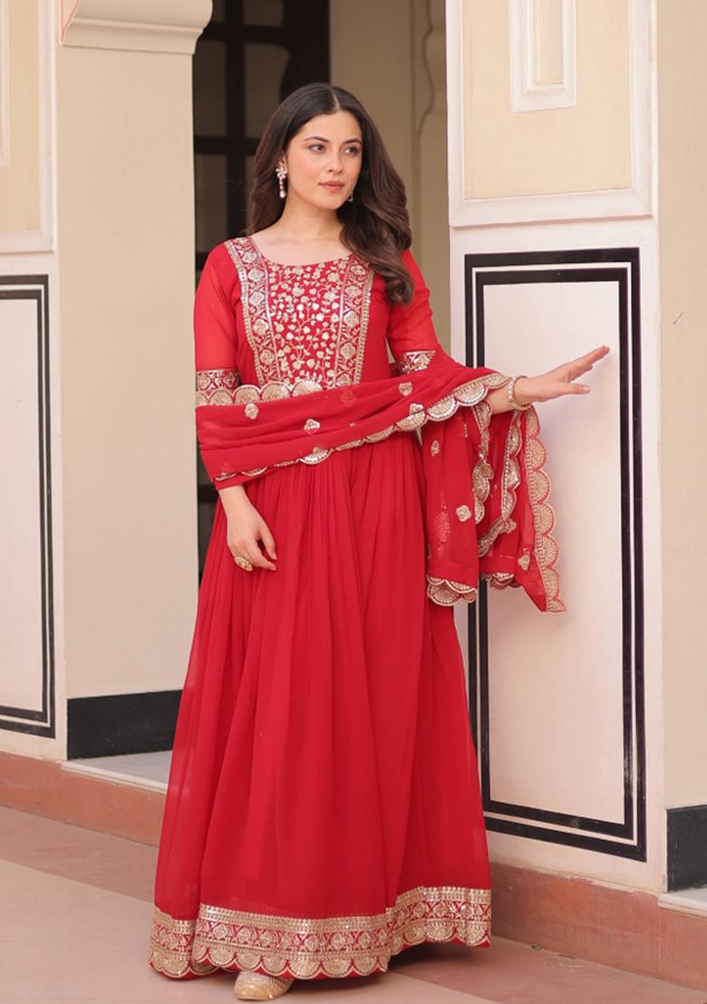 Red Embroidered Faux Blooming Anarkali Set - Indya