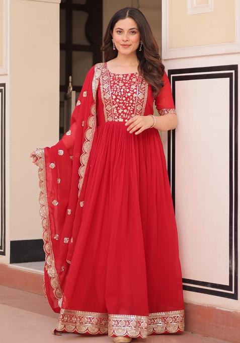 Red Embroidered Faux Blooming Anarkali Set
