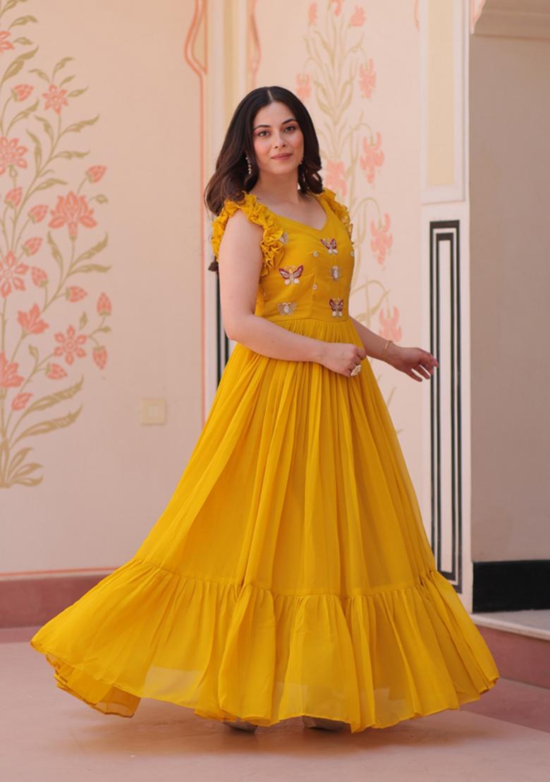Yellow Embroidered Faux Blooming Anarkali - Indya
