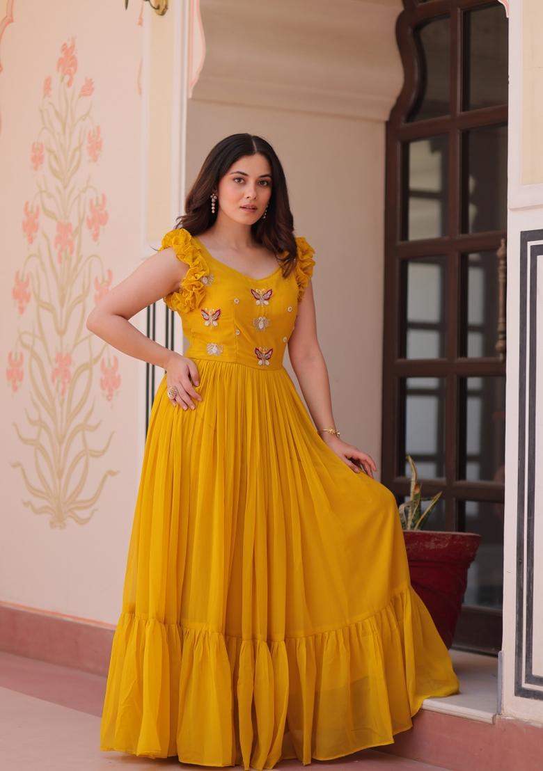 Yellow Embroidered Faux Blooming Anarkali - Indya