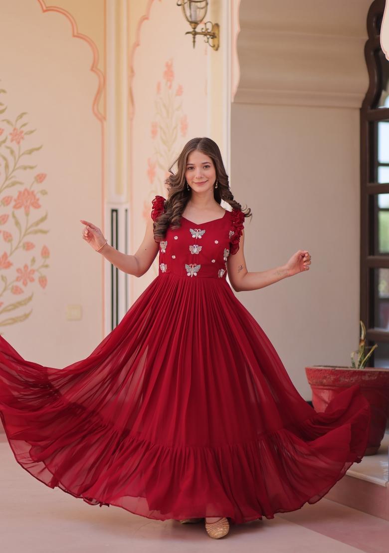 Maroon Embroidered Faux Blooming Anarkali - Indya