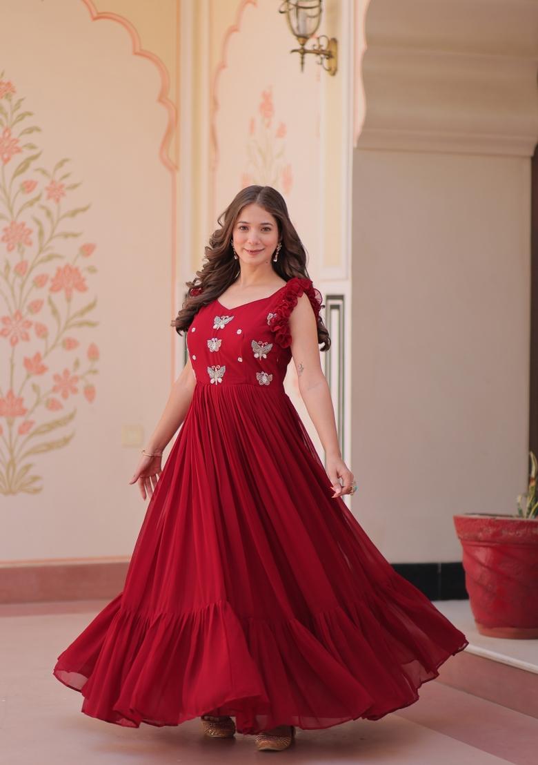 Maroon Embroidered Faux Blooming Anarkali - Indya