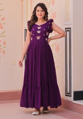 Purple Embroidered Faux Blooming Anarkali