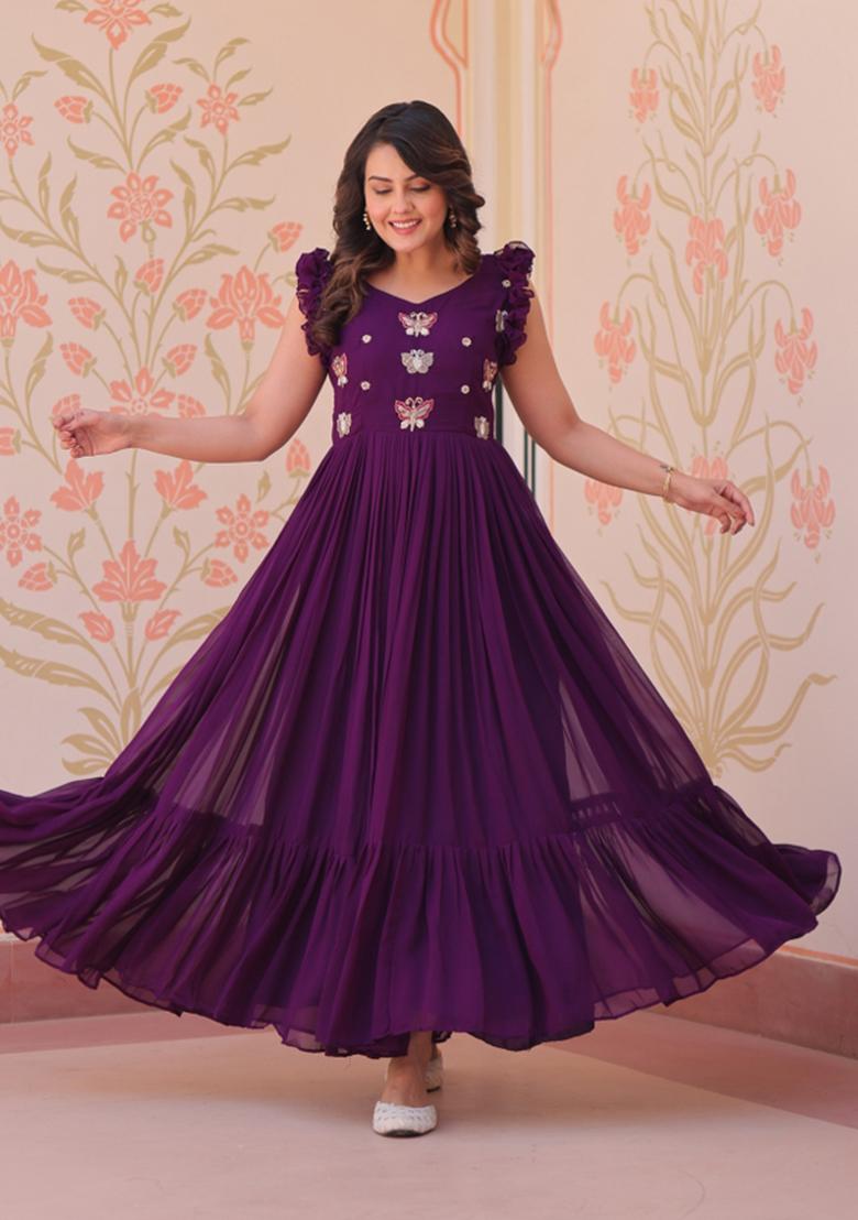 Purple Embroidered Faux Blooming Anarkali - Indya