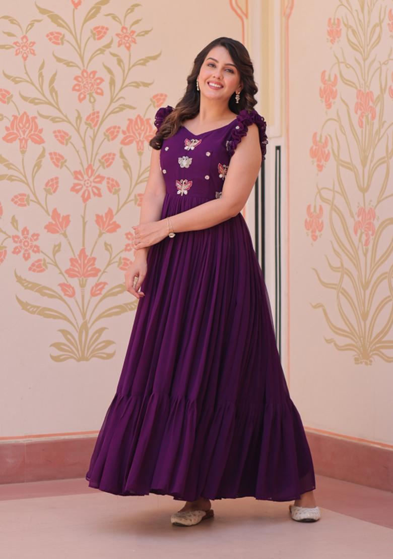 Purple Embroidered Faux Blooming Anarkali - Indya