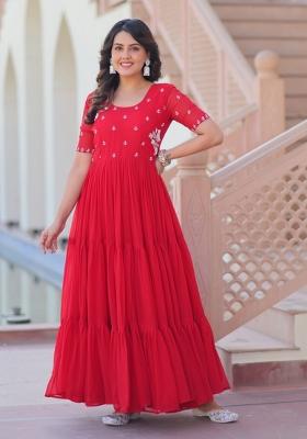Red Embroidered Faux Blooming Anarkali