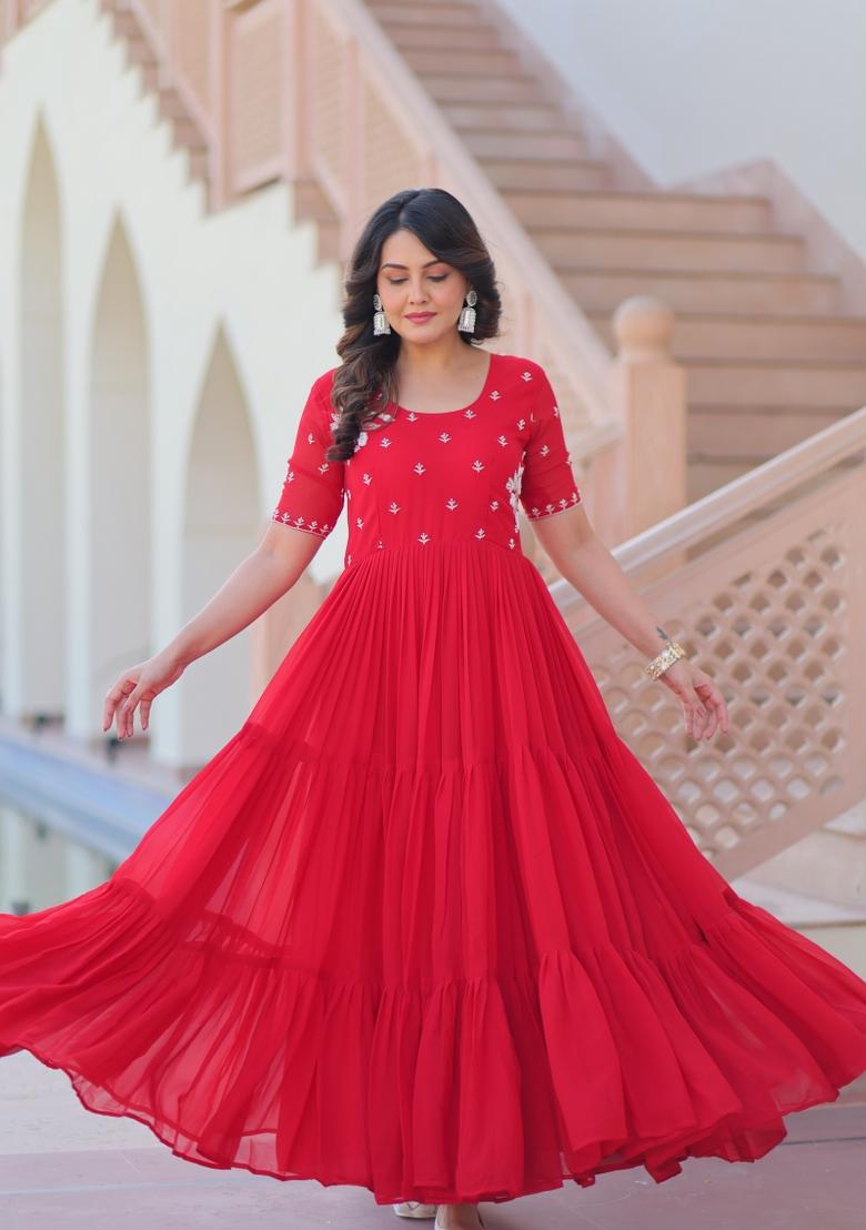 Red Embroidered Faux Blooming Anarkali - Indya