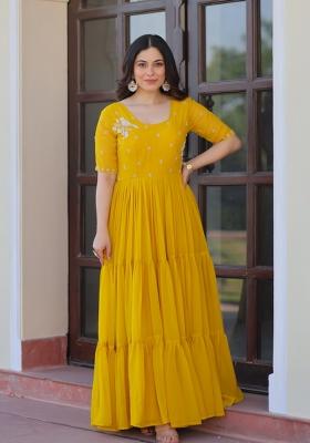 Yellow Embroidered Faux Blooming Anarkali