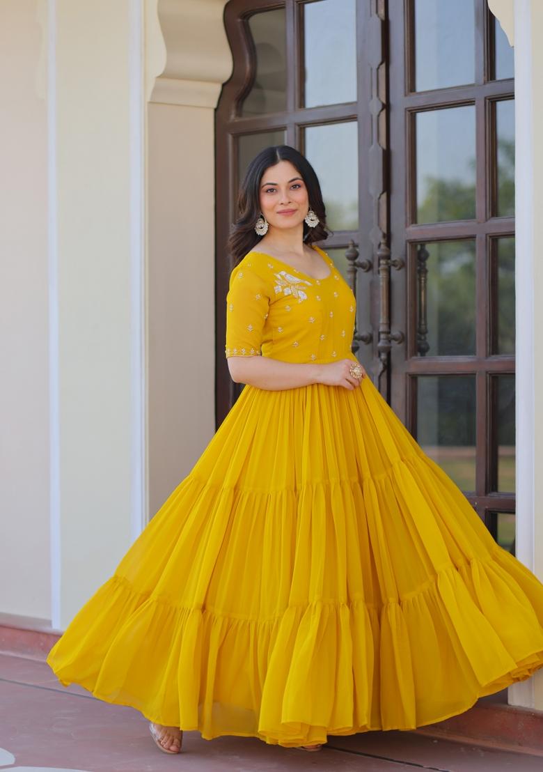 Yellow Embroidered Faux Blooming Anarkali - Indya