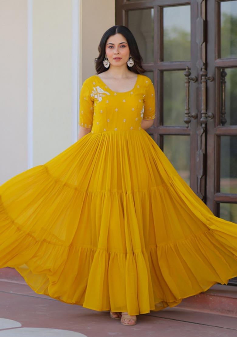 Yellow Embroidered Faux Blooming Anarkali - Indya