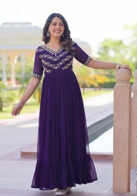 Purple Embroidered Faux Blooming Anarkali