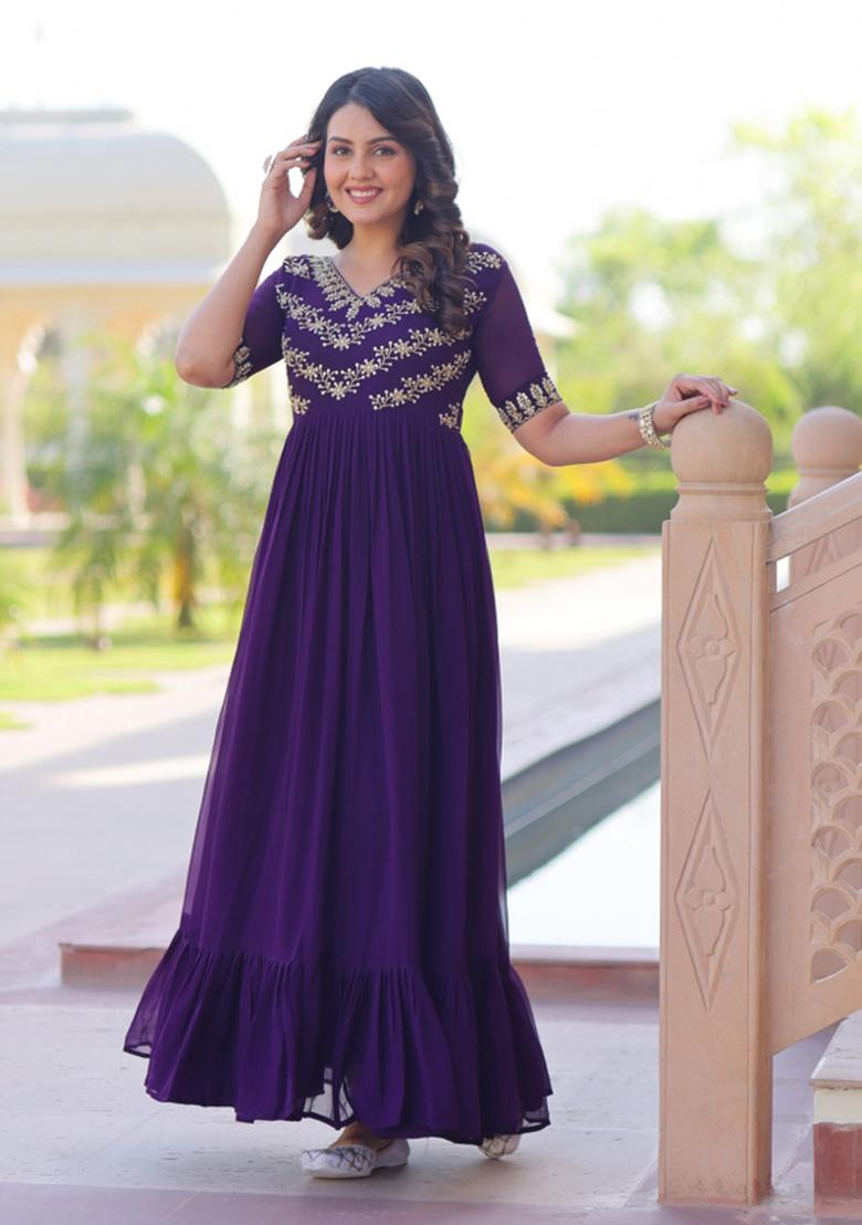 Purple Embroidered Faux Blooming Anarkali - Indya
