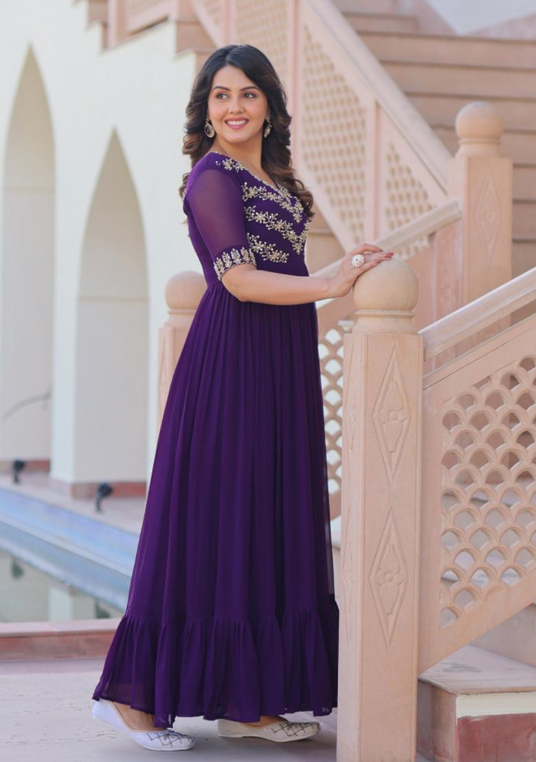 Purple Embroidered Faux Blooming Anarkali - Indya