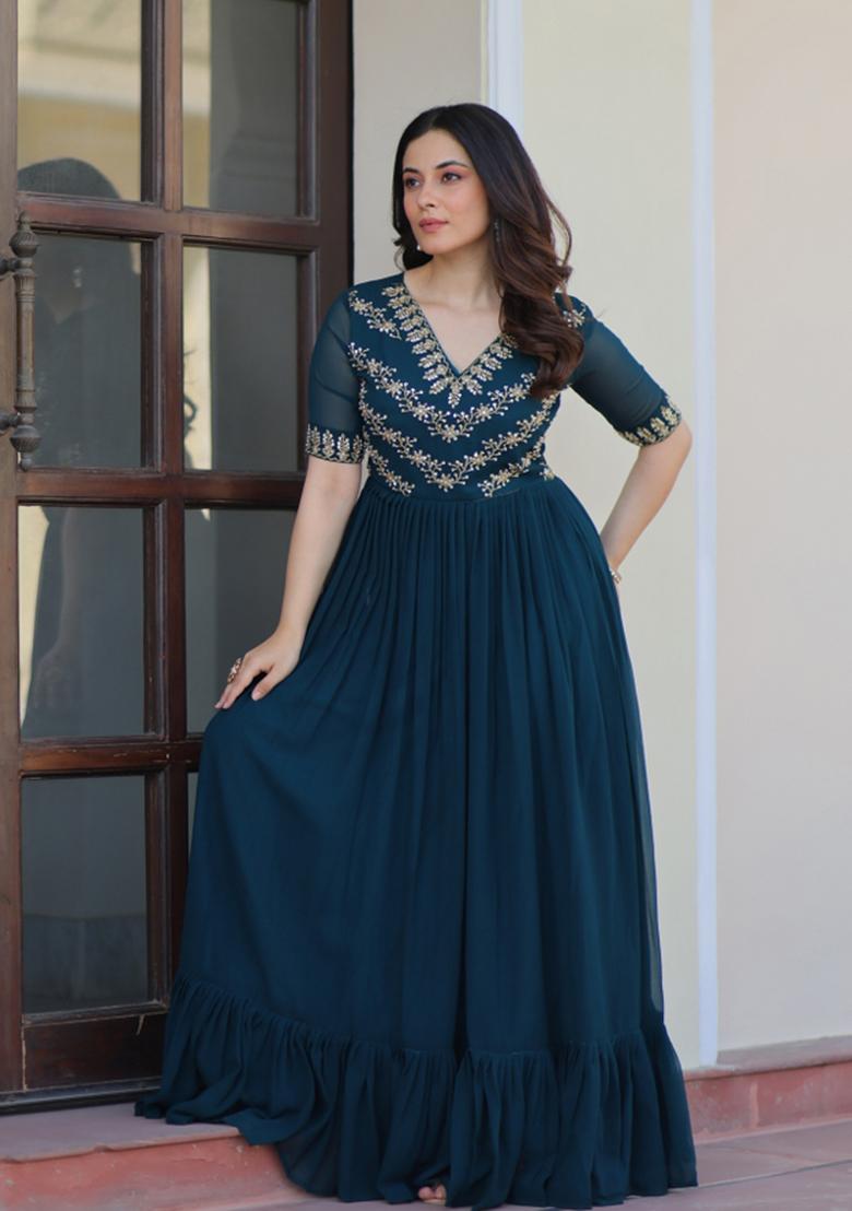 Rama Embroidered Faux Blooming Anarkali - Indya